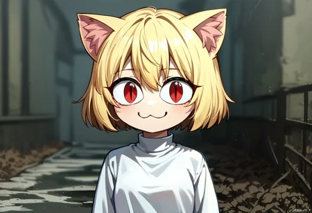 score_9, score_8_up, score_7_up, score_6_up, score_5_up, score_4_up, BREAK source_anime, portrait, solo, 1girl, necoarc, happy, closed mouth, blonde hair, red eyes, slit pupils, cat ears, chibi, :3, turtleneck, white shirt, purple skirt, scenery, lamppost, horror (theme)