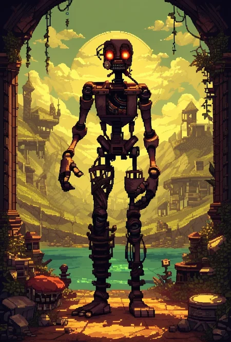 score_9, score_8_up, score_7_up,, good quality ,, character focus, solo, , best quality , full body, <lora:mimic-04:1> mimic, robot, solo, glowing eyes, <lora:d3p1x3lXLP:1> d3p1x3l, pixel art, , scenery
