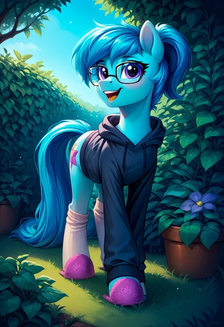 safe_pos, safe_pos, score_9, score_8_up, score_7_up, score_6_up, body light gray,
body is blue,
the birch tail and mane are tied in a ponytail with a purple elastic band,
eyes purple,
dark hoodie,
white socks,
pink slippers,
(glasses:1.2)
Whispy Slippers
realistic illustration, dramatic angle, outside, garden, (day), , solo, pony, my little pony, body, shiny skin, looking at you, happy playful, cheerful dramatic
solo