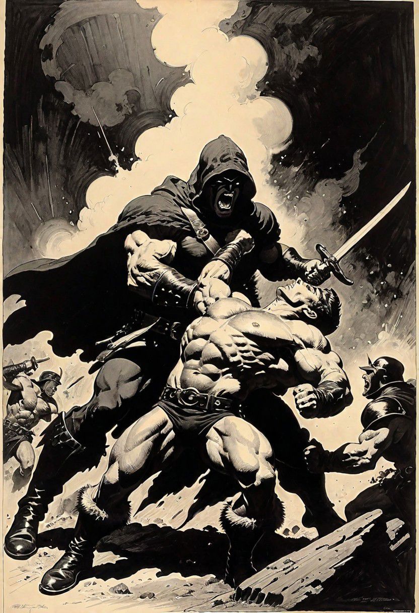 highly detailed ink drawing in the style of Frank Frazetta. 2 men fighting a formidable muscular figure shrouded in a dark hood, choking a soldier, in a rowdy tavern.