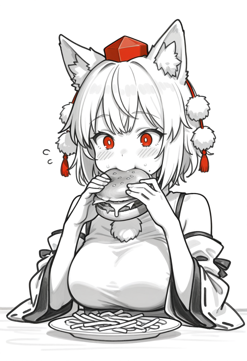 1girl animal_ear_fluff animal_ears breasts burger detached_sleeves eating food food_in_mouth from_side hat holding holding_burger holding_food large_breasts light_blush plate pom_pom_(clothes) puffy_cheeks red_eyes red_hat shirt short_hair simple_background sleeves_rolled_up solo table tokin_hat upper_body white_background white_hair white_shirt wide_sleeves wolf_ears wolf_girl
 , <lora:calamari_cakesIL:0.8>, masterpiece, best quality, amazing quality,, sketch, monochrome, greyscale