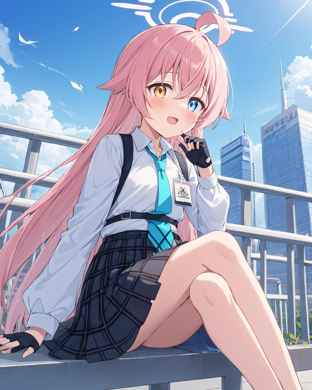 hoshino \(blue archive\),1girl, solo, heterochromia, ahoge, halo, outdoors, fingerless_gloves, white_shirt, plaid_skirt, railing, collared_shirt, long_sleeves, looking_at_viewer, black_gloves, sky, leaf, bag, fang, blue_necktie, blush, id_card, cloud, sitting, open_mouth, :d, skyscraper, shirt_tucked_in, day, shotgun, school_uniform, black_skirt, feet_out_of_frame
<lora:hoshino_(blue_archive)_image2619_2023-11-27-000006:1>halo. gorgeous,key visual, vibrant, studio anime,award-winning, professional, highly detailed,high budget, cinemascope