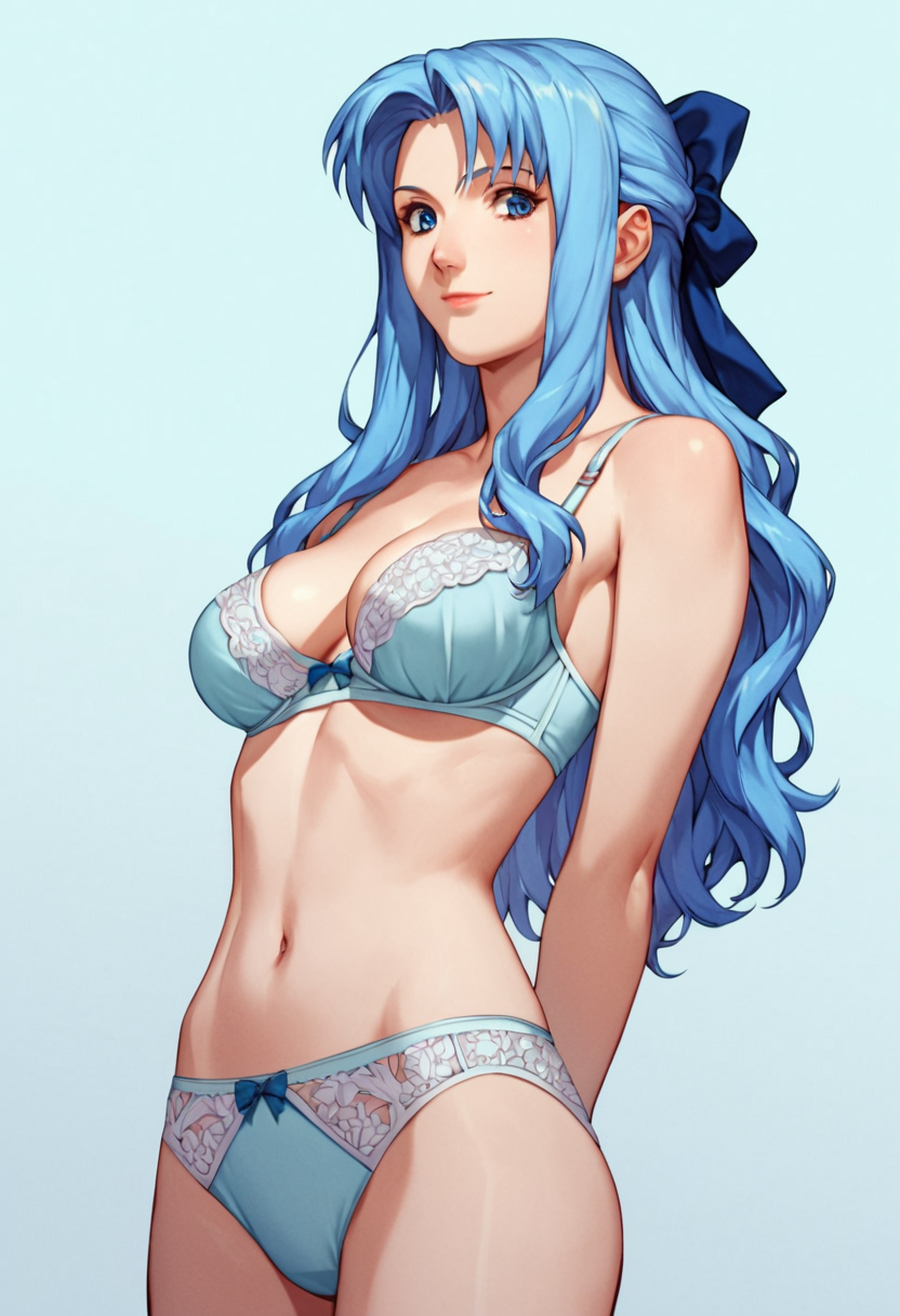 score_9, score_8_up, score_7_up, score_6_up, 1girl, solo,  Sylia_Stingray, blue hair, blue eyes, long hair, half updo, hair bow, lacy bra, lacy panties, detailed eyes, perfect face, perfect eyes, sexy, sexy girl, beautiful eyes, petite body, medium breasts, standing, arms behind back, posing, light smile, simple background, from below, dynamic angle,