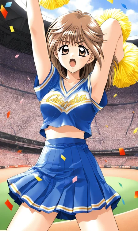 general,highres, ultra-detailed,very aesthetic,best quality ,best hands, BREAK <lora:Mochida_Mahoko_kakyuusei_Ver2.0_IS:1>
Mochida_Mahoko(kakyuusei), 1girl, solo, brown hair, brown eyes, medium hair, bangs, medium breasts,
1girl, confetti, cheering, serious face,
blue skirt, open mouth, , audience, arm up, stadium, short sleeves,
pleated skirt, cheerleader, baseball, arms up,