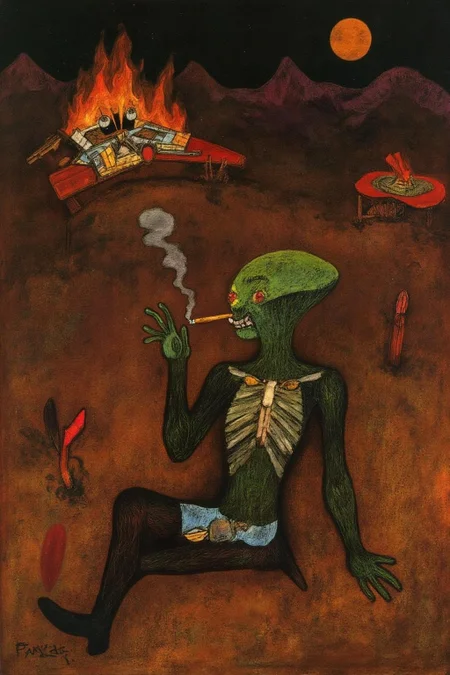paulklee1 painting.
Xenomorph, puffing a cigarette, sitting cross-legged on the ground, a crashed burning spaceship wreckage in the background, desert
<lora:paulklee1_cap_d8a4e12:1.0><lora:839867794020441382:0>