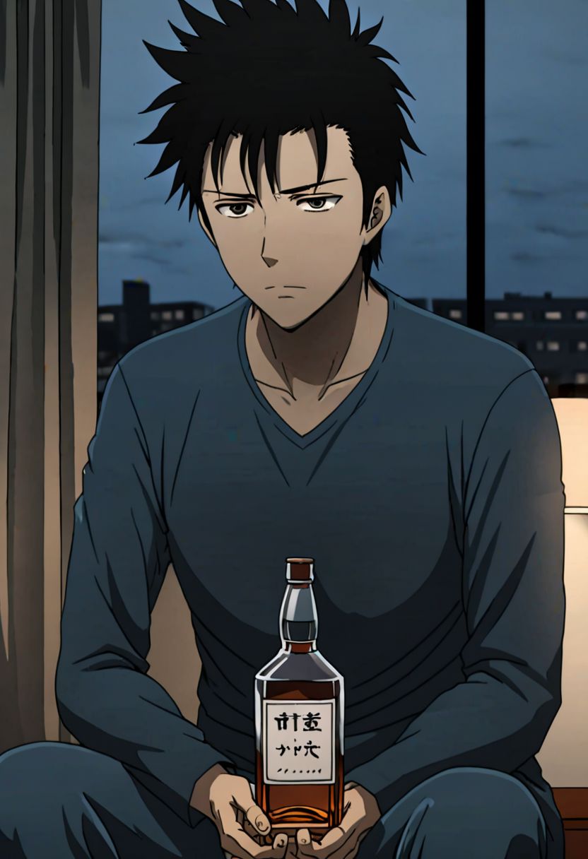 Highres, Masterpiece, High Quality, 4K, 8K, solo, 1Boy, Soujirou Agata, brown eyes, black hair, Sad, share, deep talk, hotel room, dim weather, sitting, weak, facing viewer, complicated, anxious, empty alcohol bottle, self torture, alone, lost, hopeless, hearthless, helpless, easynegative, detailed_eye_model