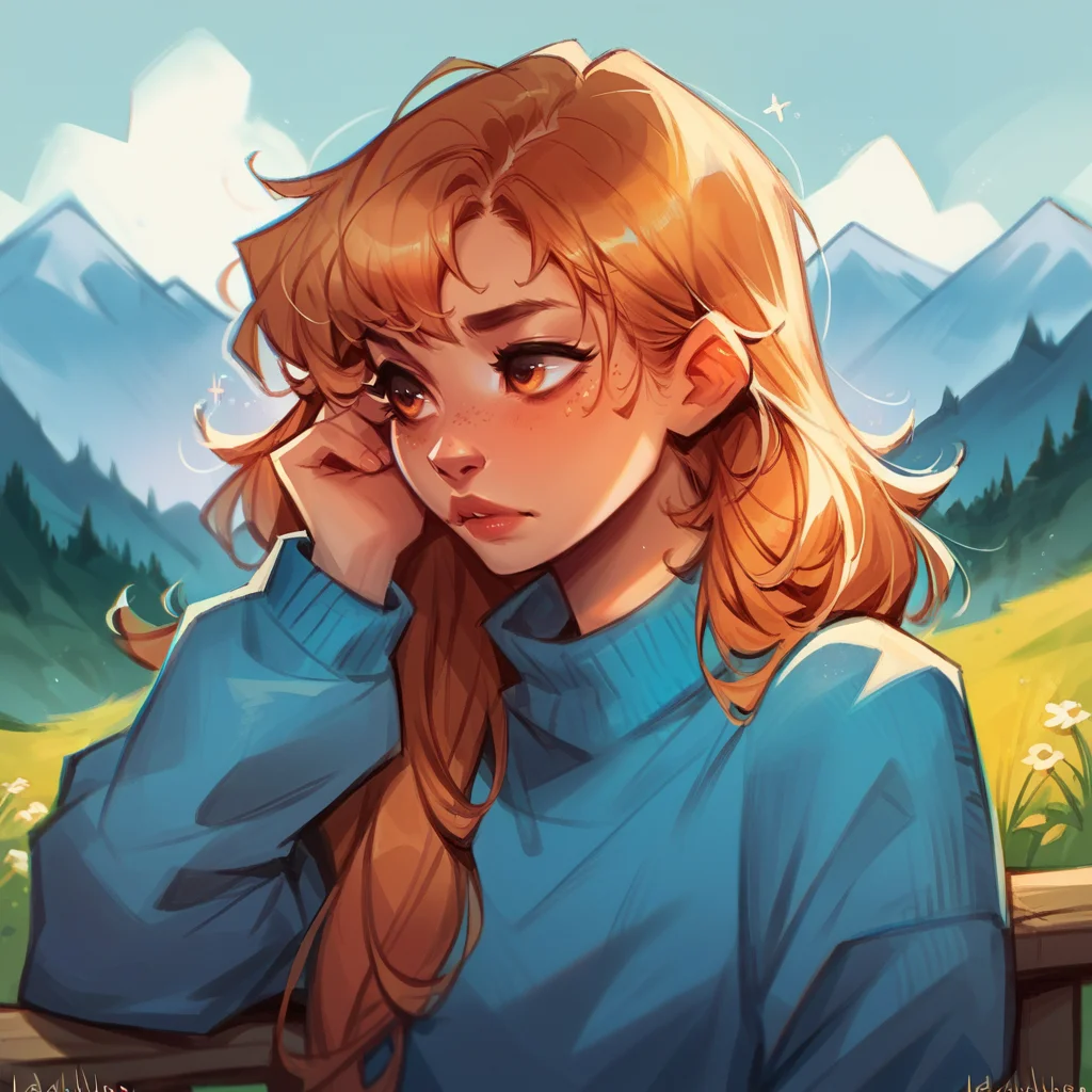 score_9, score_8_up, score_7_up, score_6_up, score_5_up, <lora:l0tusbubbl3XLP:1> l0tusbubbl3, mountain, blue sweater, freckles, hand in own hair, 1girl