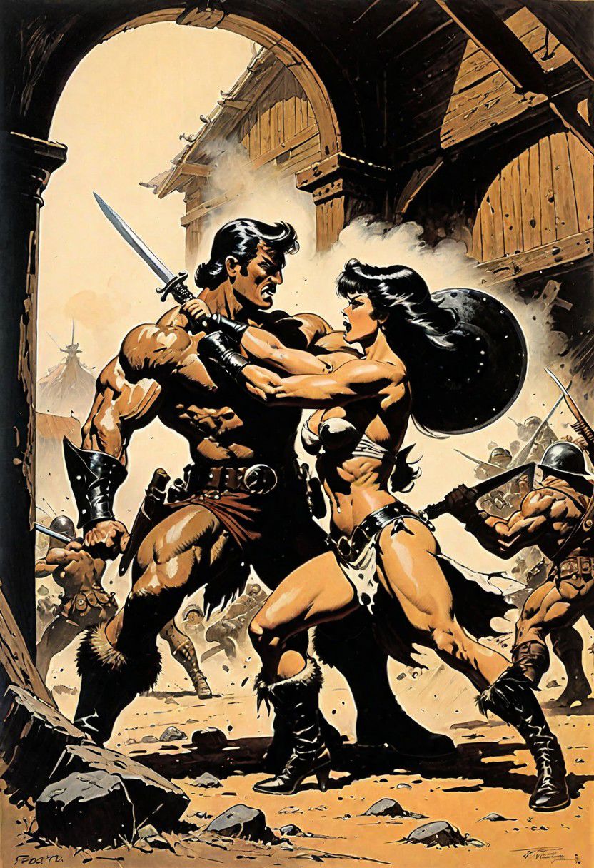 highly detailed ink drawing in the style of Frank Frazetta. 2 people fighting, A formidable muscular woman beating up a soldier, in a rowdy tavern.