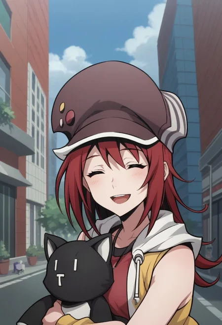 score_9, score_8_up, score_7_up, source_anime, highly detailed,
shikimisaki, 1girl, solo red hair, hat, closed eyes, jewelry, open mouth, smile,stuffed toy, stuffed cat, cabbie hat, jacket, sleeveless jacket, yellow jacket, upper body, hug toy,
outdoor, street, building, sky, cloud,