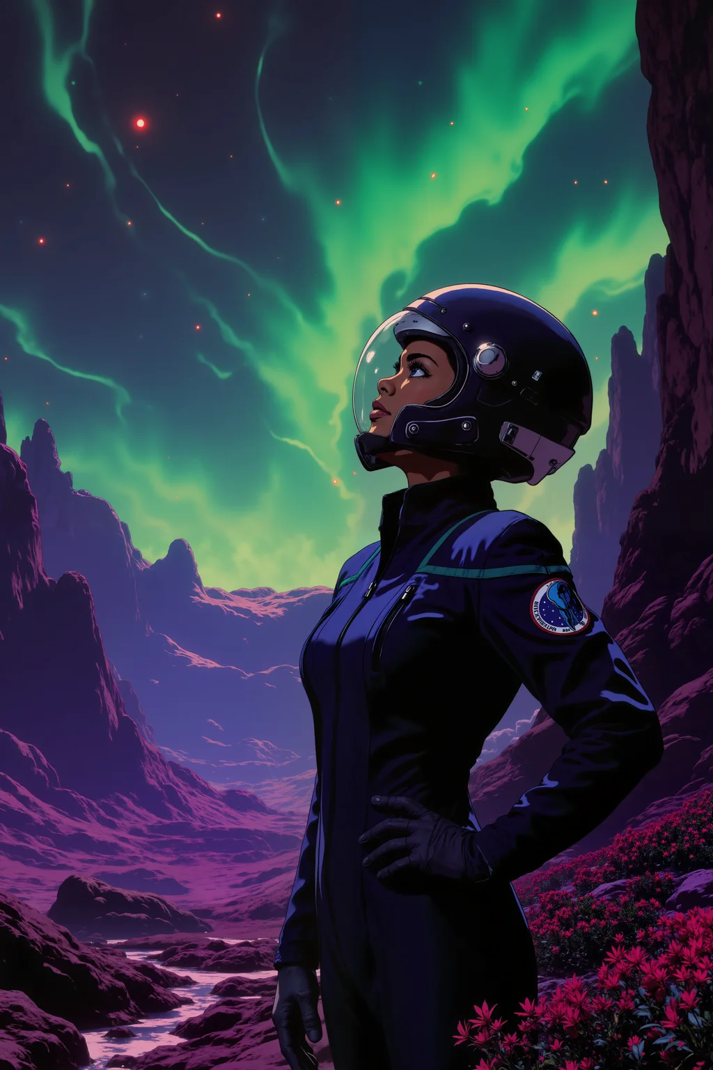 ne0nfant4sy, A space explorer in a navy blue stentps uniform with teal lines, her dark brown skin glowing faintly under the light of an alien moon, stares up at the swirling, colorful nebula that fills the night sky. Her short, buzzed hair is covered by a sleek, form-fitting helmet with a transparent visor, displaying the greenish hue of the planetâs atmosphere. Her gloved hands rest on her hips as she stands on the rocky, purple surface of the distant planet. The terrain around her is barren and strange, filled with jagged rocks and bioluminescent flora that pulses with an eerie light. Her eyes, wide with wonder, reflect the mesmerizing colors of the nebula, as strange creatures move in the distance, their shapes barely discernible in the alien fog. Behind her, a small, silver spacecraft rests on a cliff, its engines faintly humming as it recharges. The air is still, filled with the quiet hum of alien life, and she stands as a lone figure, a pioneer in a world never before seen by human eyes.<lora:RetroAnimeFluxV1:0.5><lora:NeonFantasyFLUX:0.3><lora:STEntps_FLUX>