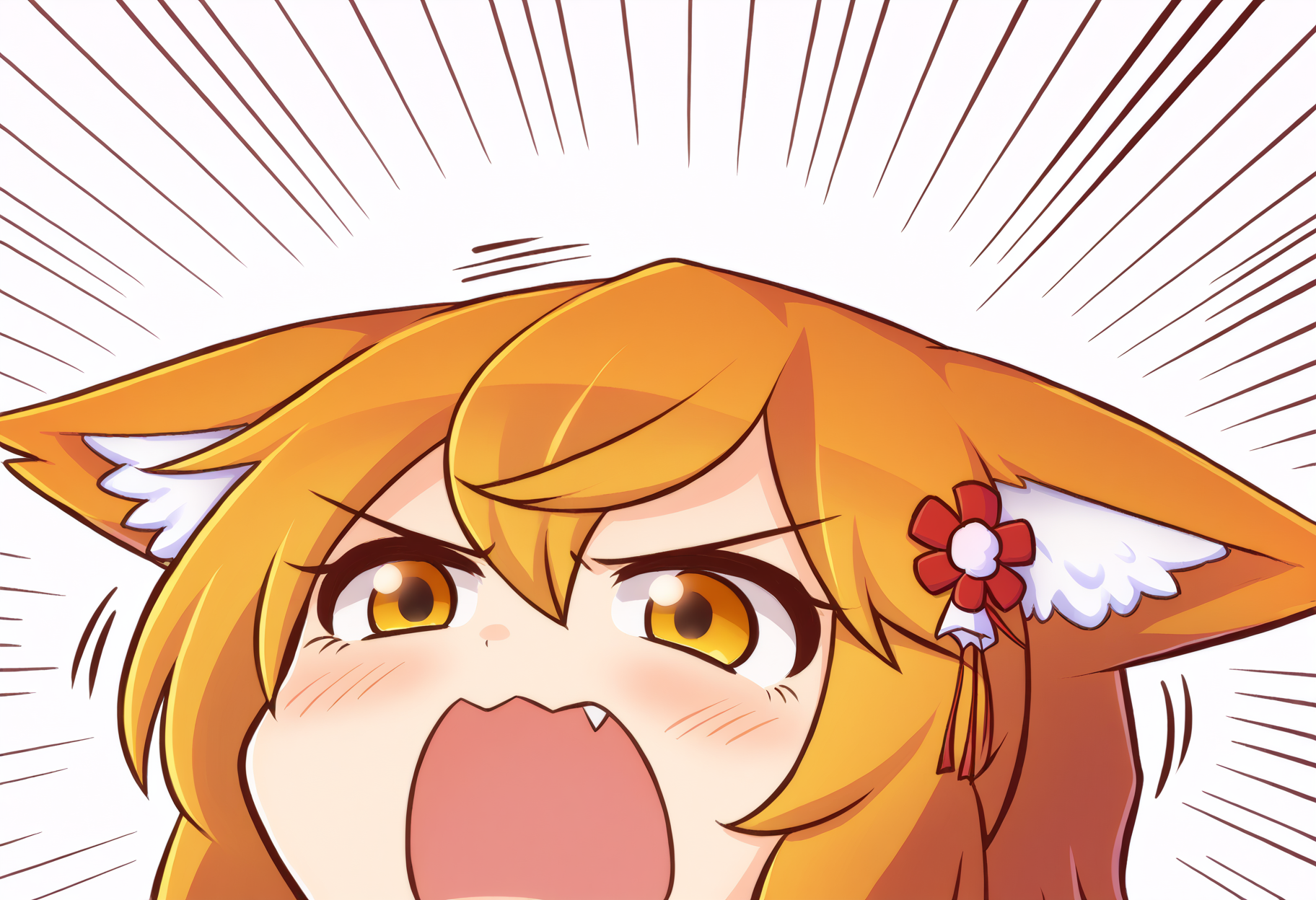 score_9, uncensored, source_anime
BREAK
senko, 1girl, blonde hair, animal ears, fox ears, blush, animal ear fluff, hair ornament, fox girl, hair flower, hair between eyes, short hair, yellow eyes, solo, open mouth, simple background, white background, fang, animal ear fluff, v-shaped eyebrows, portrait, emphasis lines, angry awoo noices
<lora:awoo_pony_v1:1> <lora:SenkoXL:1>