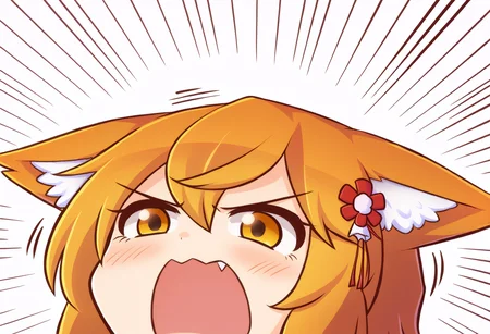 score_9, uncensored, source_anime
BREAK
senko, 1girl, blonde hair, animal ears, fox ears, blush, animal ear fluff, hair ornament, fox girl, hair flower, hair between eyes, short hair, yellow eyes, solo, open mouth, simple background, white background, fang, animal ear fluff, v-shaped eyebrows, portrait, emphasis lines, angry awoo noices
<lora:awoo_pony_v1:1> <lora:SenkoXL:1>