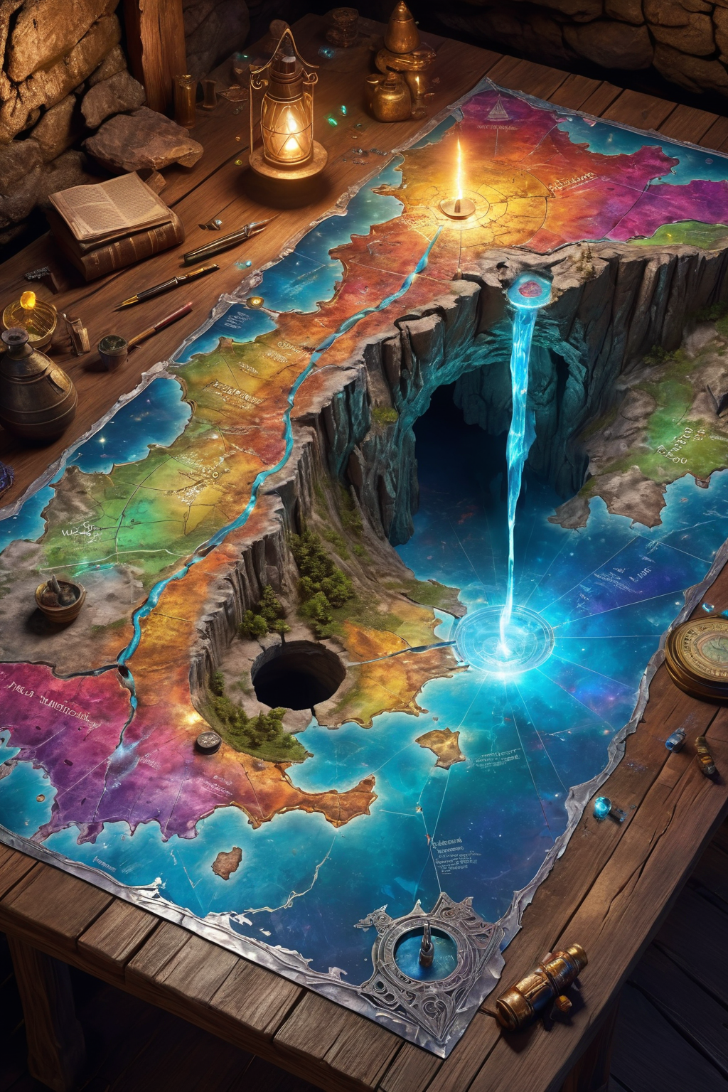 top view of a holographic magical map (3D, mining tunnels), torn and worn, map looks to be floating off the paper, sitting on a wizard's desk, magical multicolored ink, high quality, imagination, 8k, fantasy art, vivid magical colors, style-paintmagic,