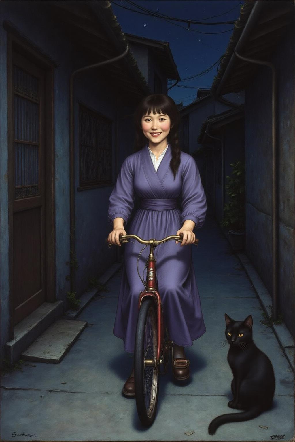 hansho1 painting.
A Japanese school girl riding a old style bicycle through a narrow, quiet street at night. The happy woman wears a simple, flowing purple dress. In the corner, a small black cat with piercing eyes sits watching her quietly. The mood is tranquil and slightly magical. <lora:hansho1_cap_d6a3e12:1.0><lora:816889143461162819:0>