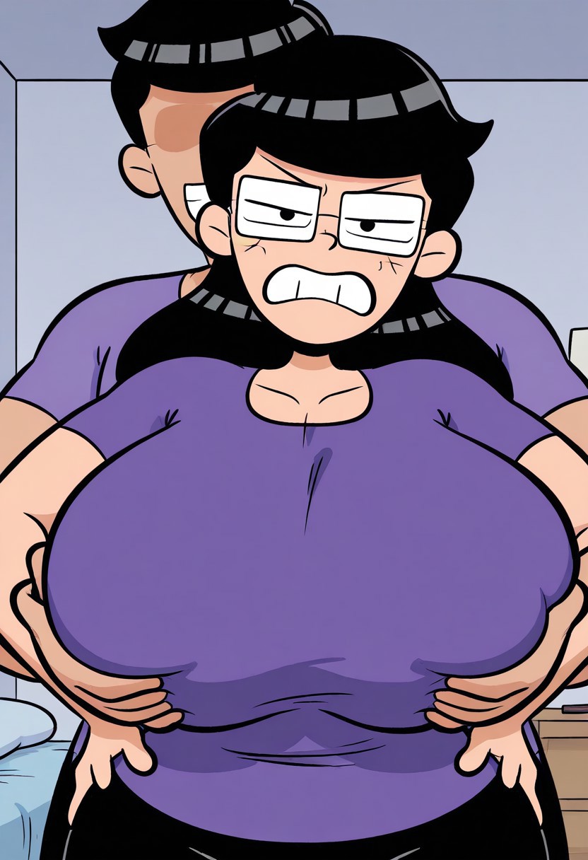 solo,1female,looking at viewer,huge breasts,hands pon hips,purple shirt,black pants,black hair,glasses,angry face
looking at viewer, breast grab),  grab, deep skin, angry,clenched teeth, bedroom, looking at viewer, upper body, 
1boy, breast grab by another,man out of frame,faceless man,POV grab,POV man