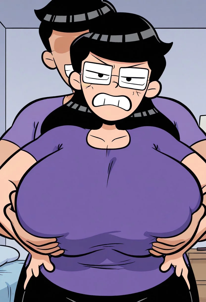 solo,1female,looking at viewer,huge breasts,hands pon hips,purple shirt,black pants,black hair,glasses,angry face
looking at viewer, breast grab),  grab, deep skin, angry,clenched teeth, bedroom, looking at viewer, upper body, 
1boy, breast grab by another,man out of frame,faceless man,POV grab,POV man