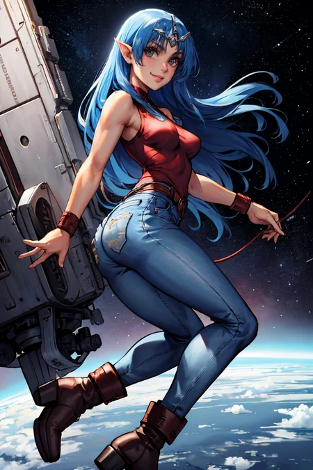 masterpiece, best quality, lafiel, circlet, white tank top, jeans, boots, inside of a spaceship, from side, looking at viewer, smiling <lora:lafiel-nvwls-v2-000012:0.9>