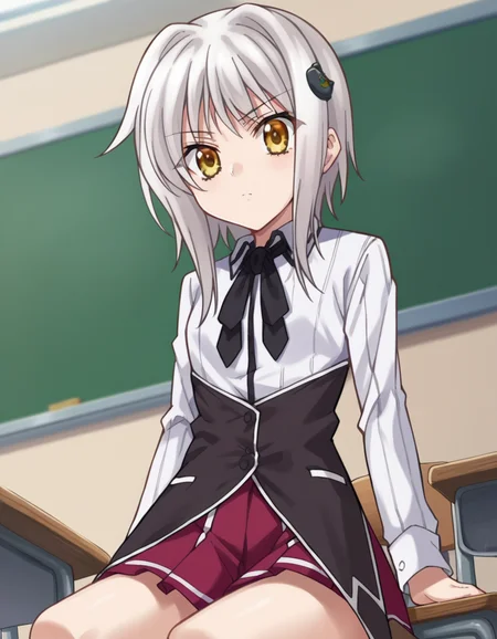 score_9, score_8_up, score_7_up, source_anime,
konekotoujou, <lora:koneko-toujou-ponyxl-lora-nochekaiser:1>,
koneko toujou, short hair, hair ornament, yellow eyes, white hair,
skirt, school uniform, shirt, white shirt, collared shirt, neckerchief, black neckerchief, long sleeves, red skirt,
indoors, classroom, sitting, desk, chair,
looking at viewer, dutch angle, cowboy shot,
