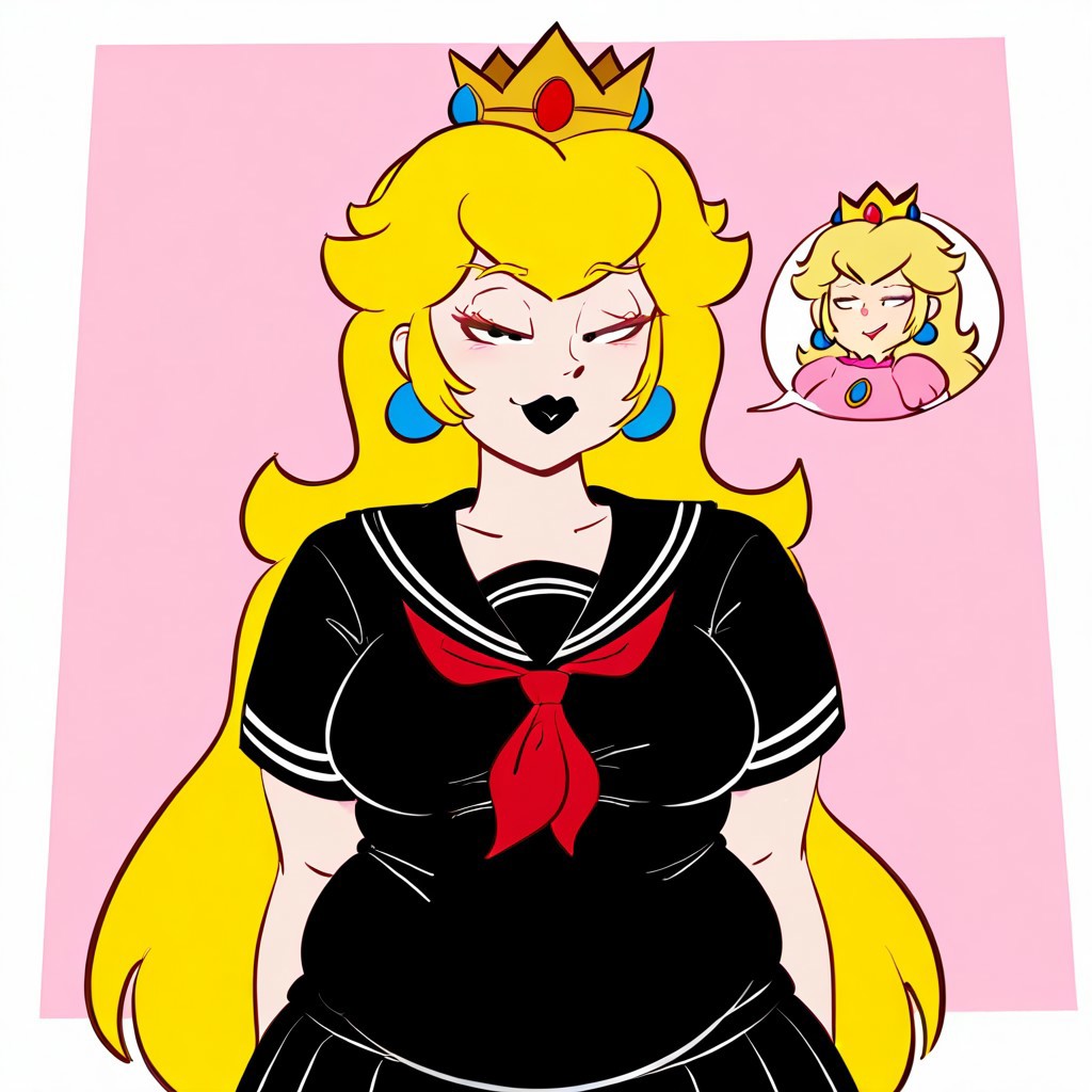princess peach, long hair, blonde hair, crown, black eyes, black lips, goth, very long hair, chubby,
school uniform, smug