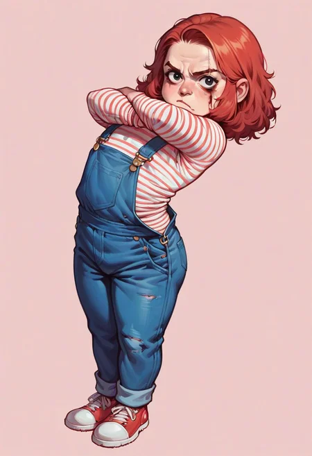 score_9, score_8_up, score_8, source_anime, 1boy, femboy, Chucky, red hair, overalls, striped top, sulking, pout, pouty, pouting, scar, arms crossed, norman rockwell style,
simple background, pink background, (solo), shortstack, bloody background, blood spatter, detailed, extremely detailed, semi realistic,