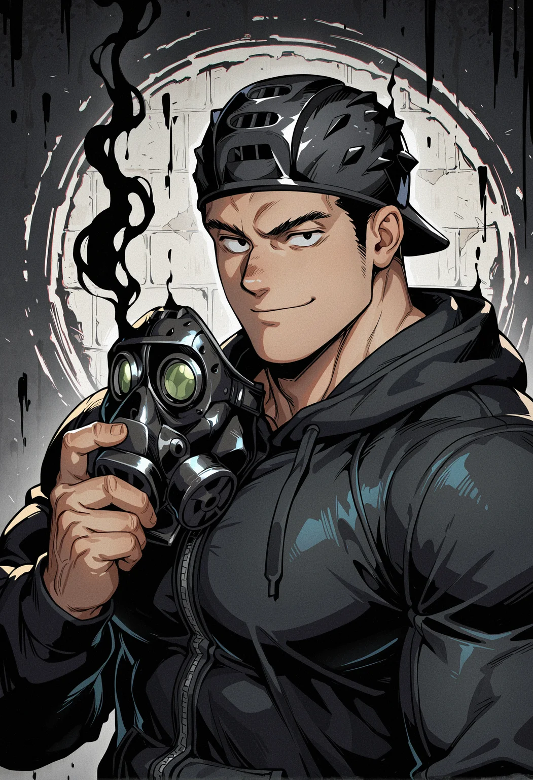 masterpiece, best quality, newest, absurdres, highres, very awa, 1boy, male focus, bara, aikawa \(dorohedoro\), solo, portrait, backwards hat, muscular male, tight clothes, muscular, hood, pectorals, baseball cap, hat, looking at viewer, black hoodie, large pectorals, black smoke, smirk, hoodie, gas mask, holding mask, unworn mask, jacket, hood down, casual, hooded jacket