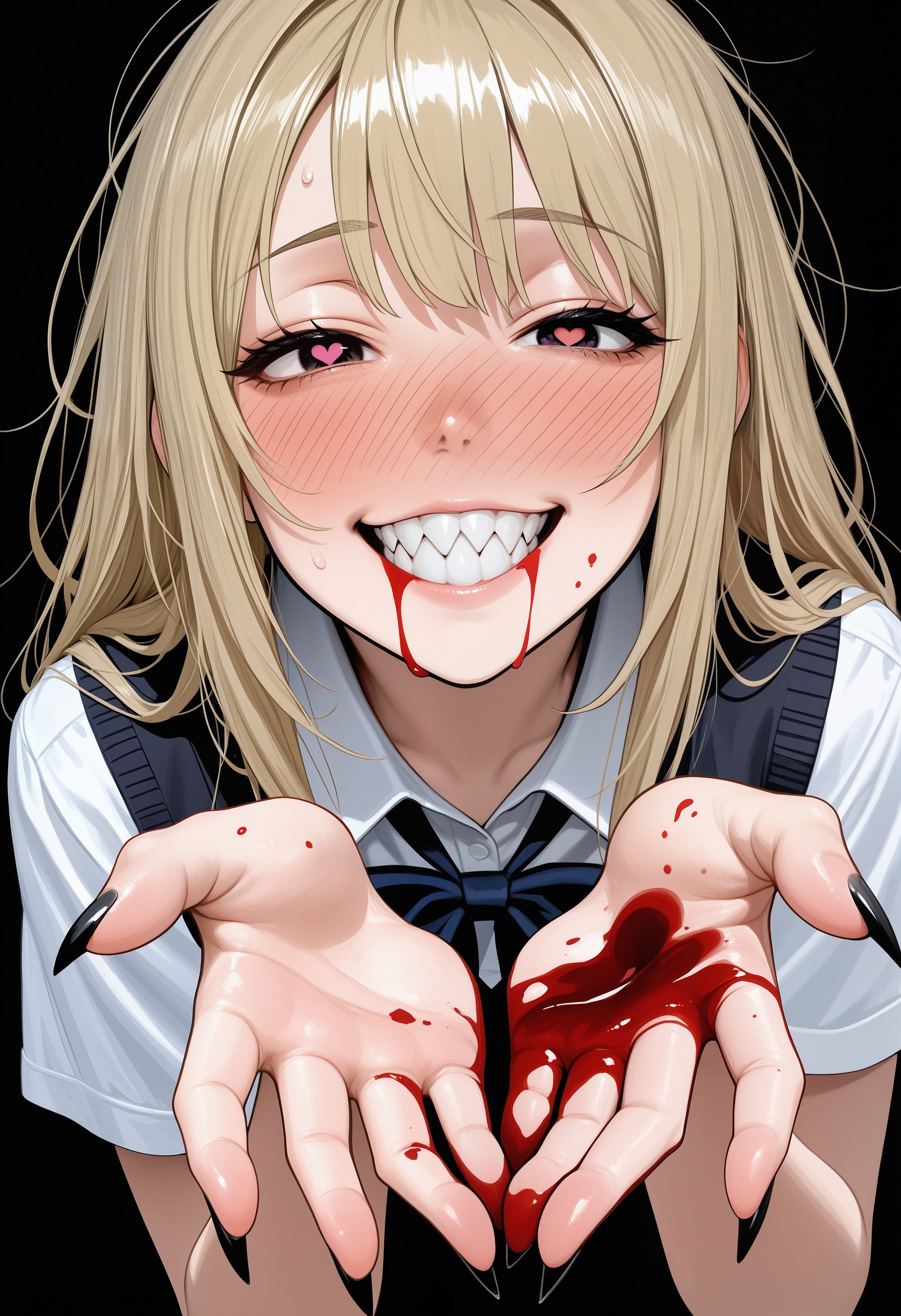 textured painterly sketch, messy rough sketch, 
heart, heart-shaped pupils, 
1girl, blonde hair, half-closed eyes, gesugao, smug, full-face blush, blood on face, blood on hand,
simple background, black background, perspective, foreshortening, black nails, sharp fingernails, reaching, sharp teeth, masterpiece, best quality, amazing quality