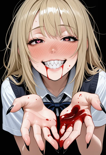 textured painterly sketch, messy rough sketch, 
heart, heart-shaped pupils, 
1girl, blonde hair, half-closed eyes, gesugao, smug, full-face blush, blood on face, blood on hand,
simple background, black background, perspective, foreshortening, black nails, sharp fingernails, reaching, sharp teeth, masterpiece, best quality, amazing quality