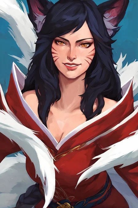score_9, 
<lora:disco_elysium_v1_pruned:0.8>, de_portrait, oil painting, 
ahri \(league of legends\), light smile, black hair, fox ears, red kimono, blue background, white background, 1girl, 
high resolution, Masterpiece