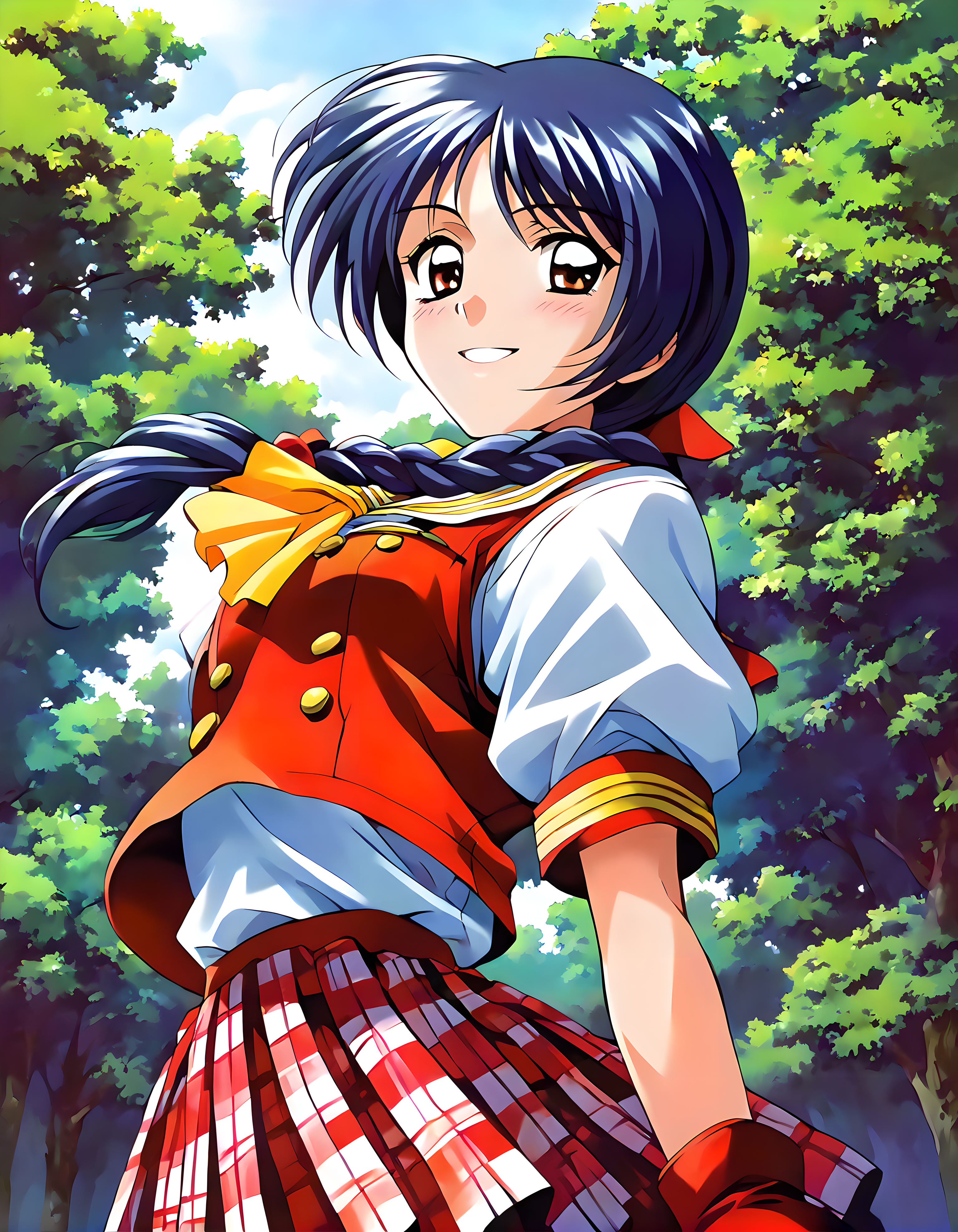 <lora:pony_xl_raizze:0.8>,raizze,score_9,score_8_up,score_7_up,source_anime,1girl,school uniform,red vest,puffy short sleeves,white shirt,ascot,red gloves,red skirt,miniskirt,pleated skirt,plaid skirt,looking_at_viewer,cowboy_shot,standing,arm_behind_back,nature,morning sunshine,smile,light_blush,