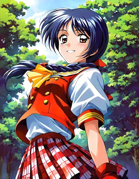 <lora:pony_xl_raizze:0.8>,raizze,score_9,score_8_up,score_7_up,source_anime,1girl,school uniform,red vest,puffy short sleeves,white shirt,ascot,red gloves,red skirt,miniskirt,pleated skirt,plaid skirt,looking_at_viewer,cowboy_shot,standing,arm_behind_back,nature,morning sunshine,smile,light_blush,