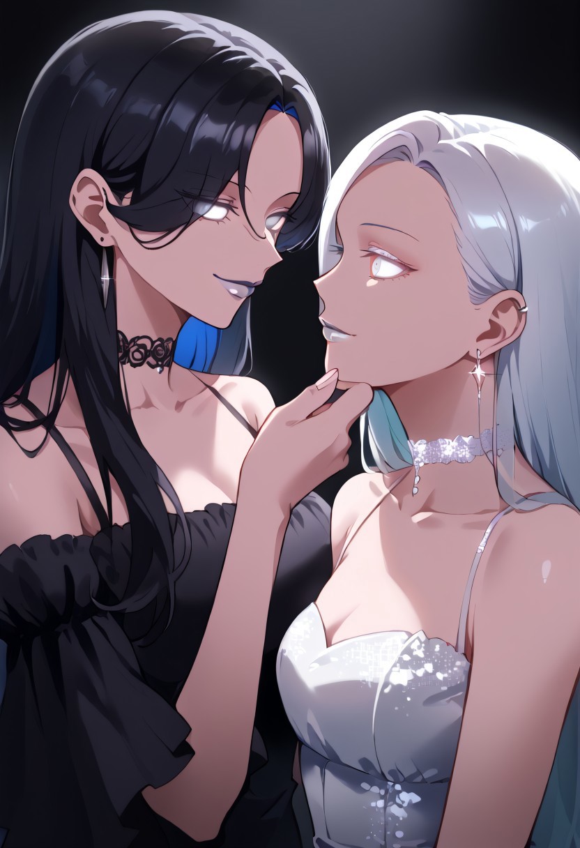 anime, two girls, adult, empty eyes, hypnotized, blank expression, expressionless, chin grab, handfixer, staring at another, looking into eyes, long hair, hair highlights, choker, sexy smile, fancy dress, lipstick, white lipstick, glossy lips, ear ring, glowing ear ring