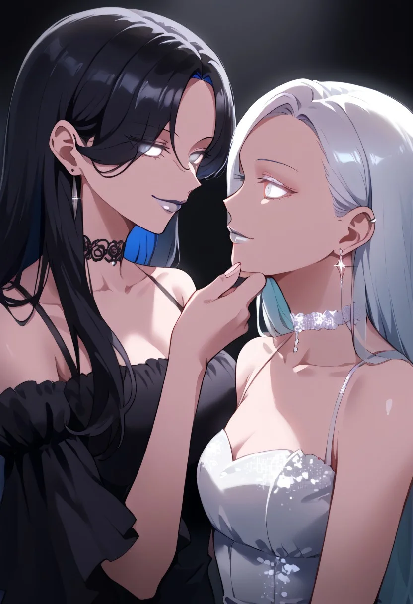 anime, two girls, adult, empty eyes, hypnotized, blank expression, expressionless, chin grab, handfixer, staring at another, looking into eyes, long hair, hair highlights, choker, sexy smile, fancy dress, lipstick, white lipstick, glossy lips, ear ring, glowing ear ring