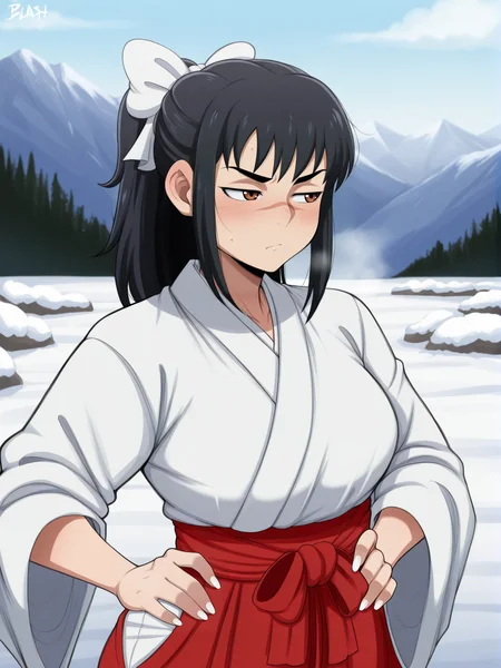 (masterpiece, amazing quality, best quality), <lora:blackwhiplash(bwl)-guy90-Illust-Lycorisv1:1>, blaash,
<lora:UtahimeIL:1>, iori utahime, 1girl, solo, long hair, black hair, ponytail,
japanese clothes, miko, hakama, red hakama, bow, hair bow, skirt, red skirt, long skirt,
scar, scar on face, scar on nose, brown eyes,
hand on own hip, white nails,
outdoors, foresk, mountain, snow,