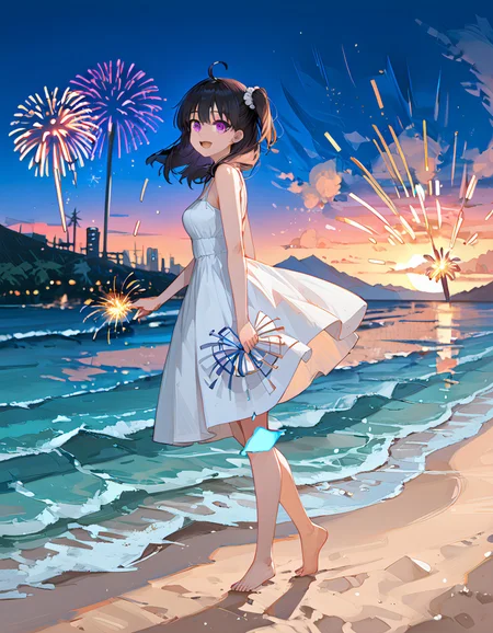 score_9_up, score_9, score_8_up, score_7_up, rating_explicit, perfect quality,high quality,masterpiece,best quality,amazing quality,very aesthetic,Cinematic Lighting,newest,Tactical use of shadow,
1girl,solo,long hair,black hair,hair between eyes,ahoge,purple eyes,AyanoKimishima Cyql,
sparkler, outdoors, fireworks, barefoot, dress, scenery, sky, smile, night, white dress, ocean, open mouth, standing, beach, cloud, holding fireworks, looking at viewer, water, standing on one leg, horizon, one side up, from side, :d, blush, night sky, sleeveless dress, city lights, multicololens flare, sleeveless, blurry, bokeh, sundress, shore, holding, bare shoulders, full body, bare arms, depth of field, sunset, scrunchie, breasts, mountainous horizon, mountain, cloudy sky,  waves, blurry background,  star (sky), blue sky, sand,  leg up, sun, looking to the side, lights, reflection, walking, moon, bare legs, floating hair,
<lora:ponyv4_noob1_2_adamW-000017:0.7>,<lora:spo_sdxl_10ep_4k-data_lora_webui:0.6>,<lora:USNR STYLE_XL_lokr:0.45>,<lora:illustrious_all_rated_v1:0.7>,<lora:96YOTTEA-WAI:0.8>,<lora:Ayano Kimishima_Illustrious by Cyql:1>,