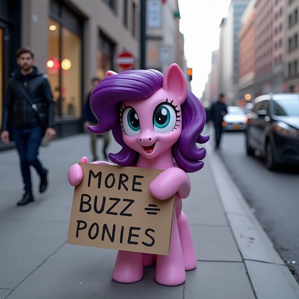 realistic photo of fluttershy mouth open, homeless, , innocent looking, Twilight Sparkle holding a sign with "MORE BUZZ = PONIES " written, standing on the sidewalk of a busy city street