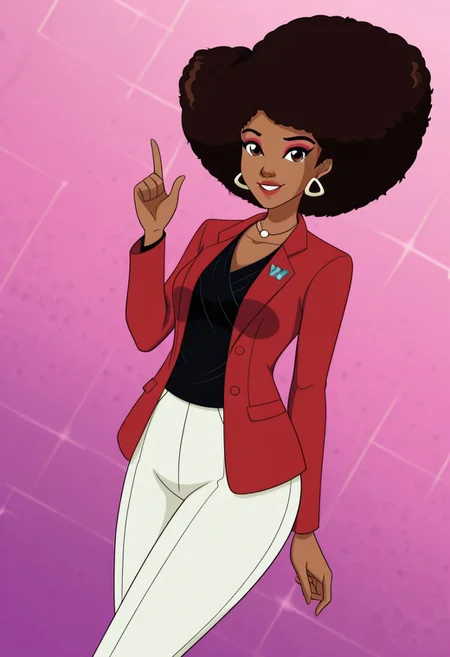 masterpiece, best quality, good quality, 1girl, solo, cartoon, totally_spies_2k24, zerlina, brown hair, afro, brown eyes, dark-skinned female, makeup, jewelry, earrings, necklace, red jacket, pants, sexy, large breasts, beautiful, detailed, high detailed, very beautiful, detailed face, detailed eyes, detailed hand, abstract background, smile, looking at viewer, pose, standing, dutch angle