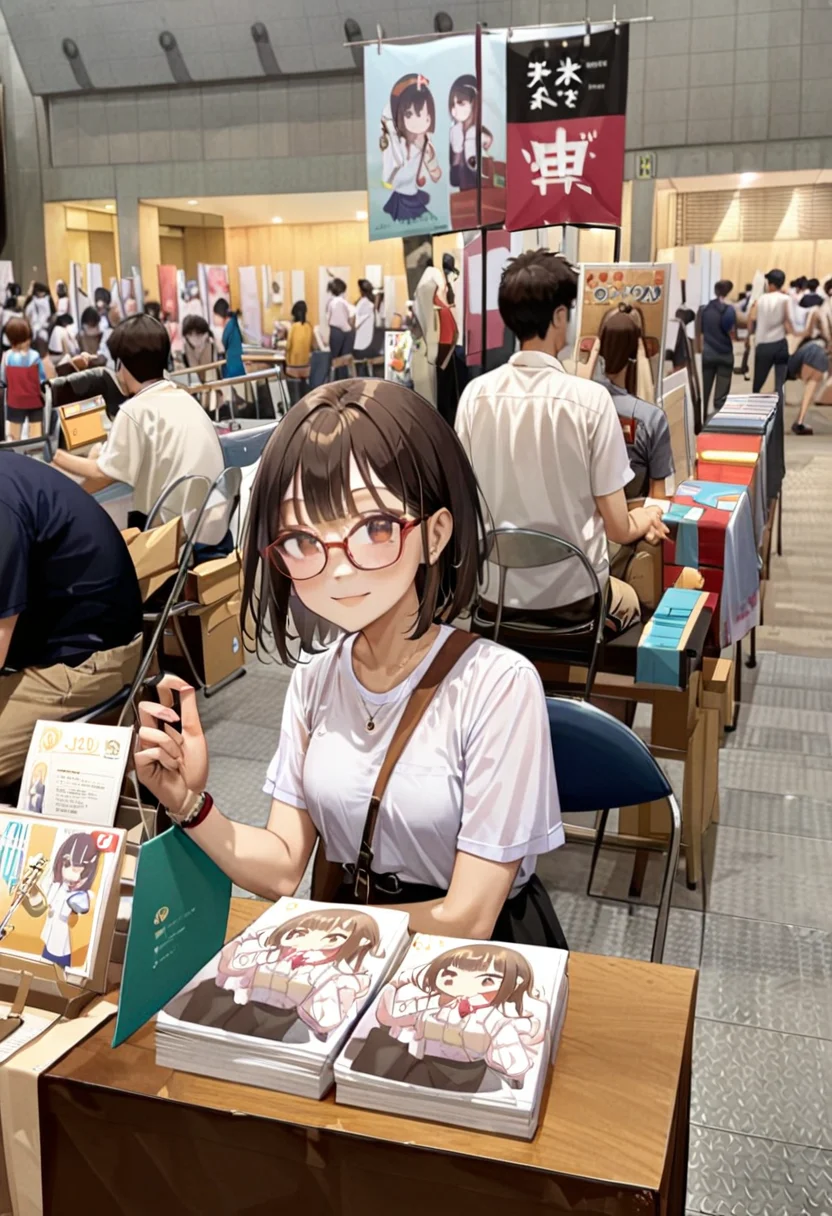 masterpiece, best quality, very aesthetic, absurdres,
1girl, solo, glasses, black hair, medium hair, looking at viewer, smile, short sleeves, shirts, skirt, sitting,
comiket, table, chair, book, indoors, bag, multiple boys, 6+boys, box, shirt, brown hair, realistic, multiple girls, black hair, real world location, white shirt, photo background
<lora:comiket_circle_space_SDXL_V1:1>