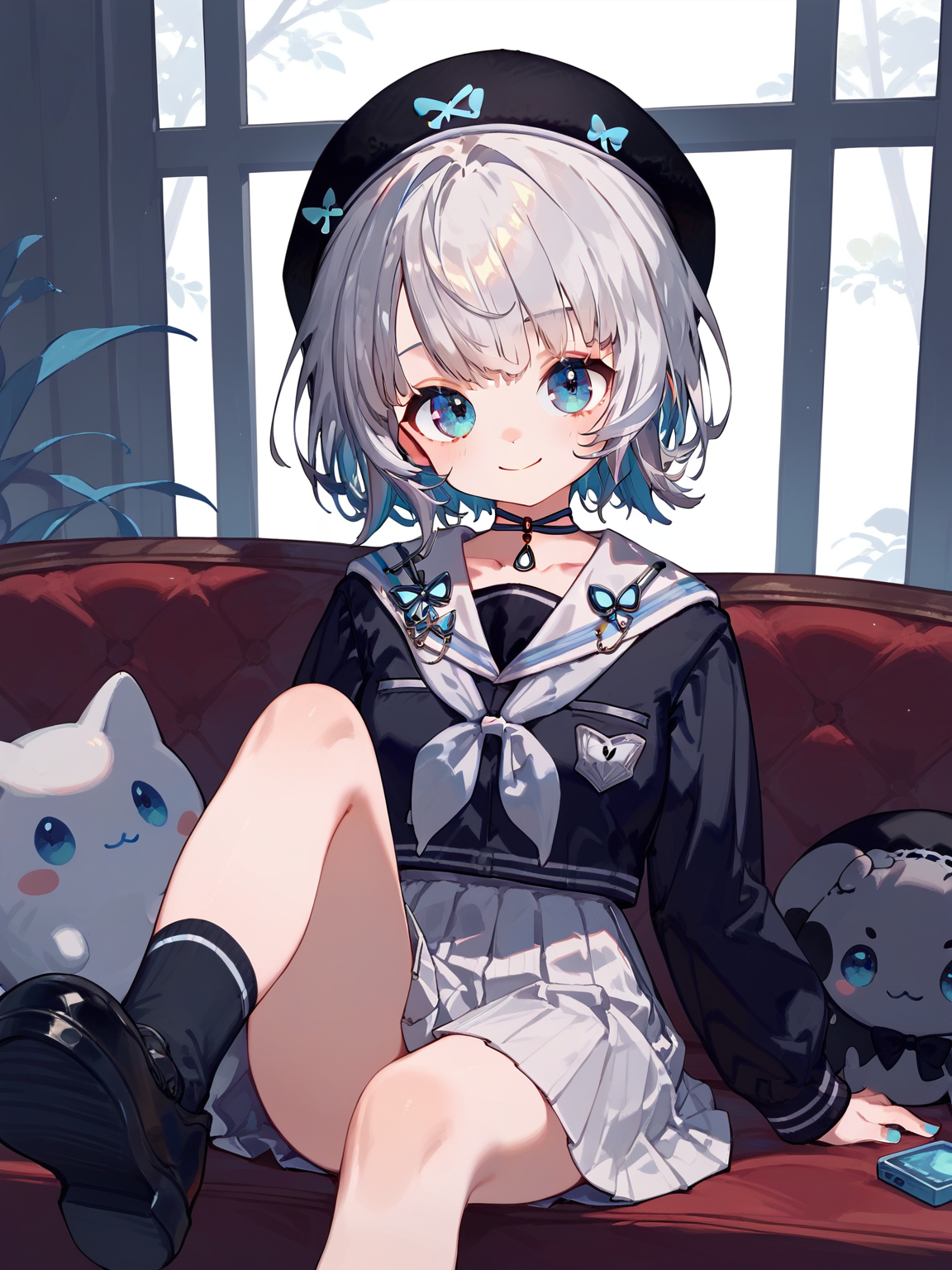(score_9,score_8_up,score_7_up,),<lora:lulu-000008:0.9>,lulu,1girl,solo,blue eyes,virtual youtuber,short hair,choker,hat,socks,bangs,black footwear,closed mouth,white skirt,pleated skirt,white sailor collar,neckerchief,smile,