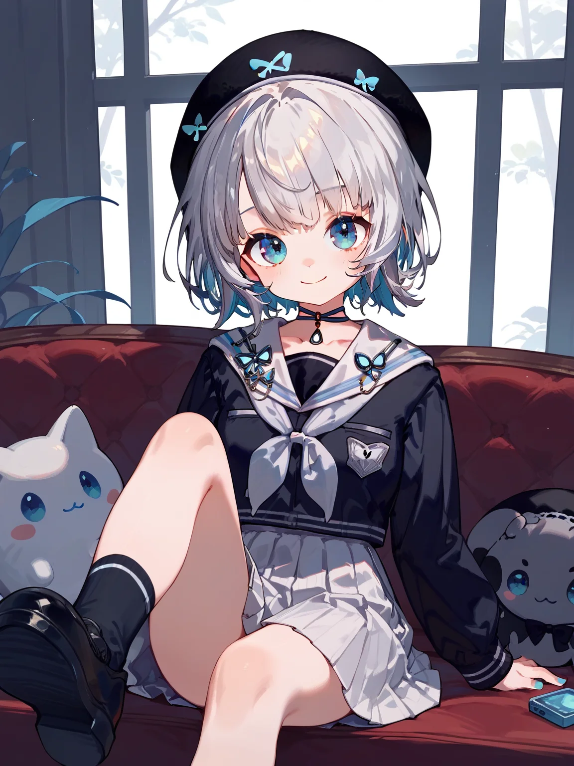 (score_9,score_8_up,score_7_up,),<lora:lulu-000008:0.9>,lulu,1girl,solo,blue eyes,virtual youtuber,short hair,choker,hat,socks,bangs,black footwear,closed mouth,white skirt,pleated skirt,white sailor collar,neckerchief,smile,