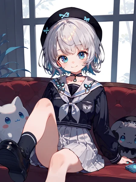 (score_9,score_8_up,score_7_up,),<lora:lulu-000008:0.9>,lulu,1girl,solo,blue eyes,virtual youtuber,short hair,choker,hat,socks,bangs,black footwear,closed mouth,white skirt,pleated skirt,white sailor collar,neckerchief,smile,