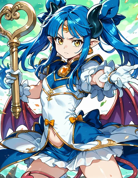 1girl,solo,<lora:magicalruruie_pony:1>,magical ruruie,blue hair,yellow eyes,horns,ribbon,gloves,pointy ears,wings,bow,white gloves,demon girl,dress,tail,hair ribbon,navel,demon tail,white skirt,forehead jewel,serious,fighting stance,holding staff,, score_9,score_8_up,score_7_up,score_6_up,score_5_up,score_4_up,