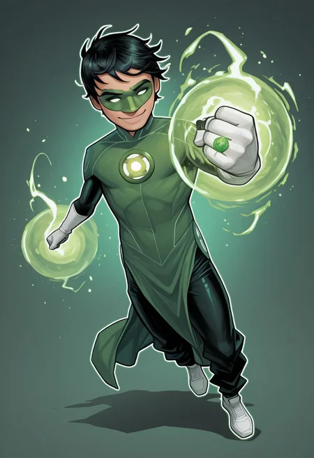 masterpiece, absurdres, high quality, perfect anatomy, 1boy, solo, cute boy, male focus, TaiPham, Black Hair, Green Lantern Ring, Green Lantern Costume, Green and Black Bodysuit, Green Domino Mask, White Eyes, White Gloves, Pelvic Curtain, Black Pants, White Shoes, Glowing Green Outline, Green Energy Aura, floating, levitating, big smile, cinematic, intricately detailed illustration, depth of field, masterpiece, best quality, amazing quality, very aesthetic, absurdres, newest, very awa, shadow, dynamic angle, casual cosplay, dynamic pose, simple background, green theme, Arwe, Dynamism, Foreshortening