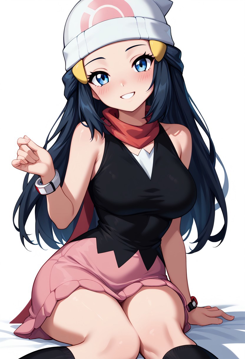 score_9, score_8_up, score_8, big breasts, (curvy), cute, eyelashes,     
patDawn, dawn (pokemon), black hair, blue eyes, sidelocks, long hair, bare shoulders, beanie, black shirt, black socks, bracelet, kneehighs, pink skirt, red scarf, shirt, sleeveless shirt, white headwear,
zPDXL,
smile, looking at viewer, head tilt, blush, ,