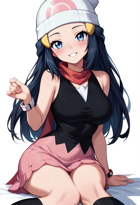 score_9, score_8_up, score_8, big breasts, (curvy), cute, eyelashes,
patDawn, dawn (pokemon), black hair, blue eyes, sidelocks, long hair, bare shoulders, beanie, black shirt, black socks, bracelet, kneehighs, pink skirt, red scarf, shirt, sleeveless shirt, white headwear,
zPDXL,
smile, looking at viewer, head tilt, blush, ,