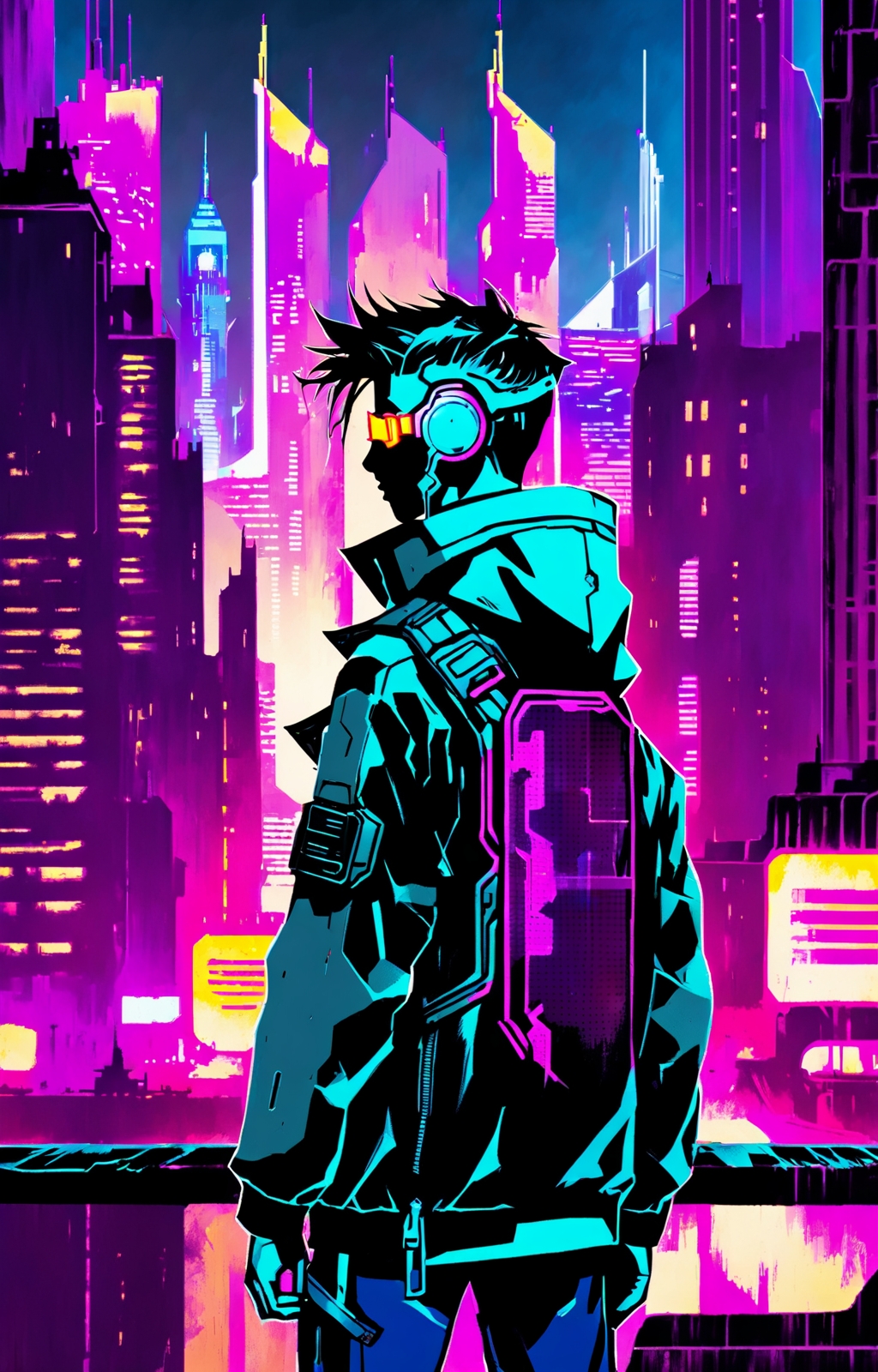 cyberpunk boy, city in background, masterpiece, 8k, finest details, best quality, ambient light, low contrast, soft shadows, ambient light, cptrt style <lora:cptrt-step00002000:0.9>