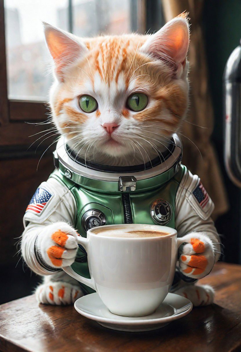 photo-realistic,
higly-detailed,
cat wearing a futuristic space suit,
serious expresssion
a orange and white kitty sipping a mug of hot coffee holding it with it's two front paws,
tipping the mug to drink it,
light green eyes,