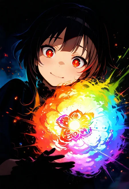 Megumin, masterpiece, best quality, amazing quality, very aesthetic, absurdres, 1 girl, backlighting, brown hair, red magical glowing eyes, narrow eyes, magic circles, sweet expression, looks at the flower, close-up of face, face in shadow, body in shadow, dark setting, beautiful black dress, gloves on her hands, thin lips, narrow mouth, cat's smile, solo upper body, angle from above, Dutch angle, one hand near the face, holding a flower one hand, rose, rainbow, crystal, fragile, transparent, luminous, magical rose, very beautiful, bright magical particles, smoke, fog, multicolored, small, colorful, explosion of colors, soft light, vibrant colors, multicolored rainbow light, focus on face, lots of soft light and colorful particles, colorful, masterpiece, best quality, amazing quality, very aesthetic, absurdres, newest, soft light, explosion of colors, masterpiece, best quality, colorful, bright, multicolored, bright colors of paint, masterpiece, best quality, amazing quality, very aesthetic, absurdres, lots of multicolored rainbow light, focus on the face, lots of soft light, soft colors, lots of colorful particles, dark, hard to see,