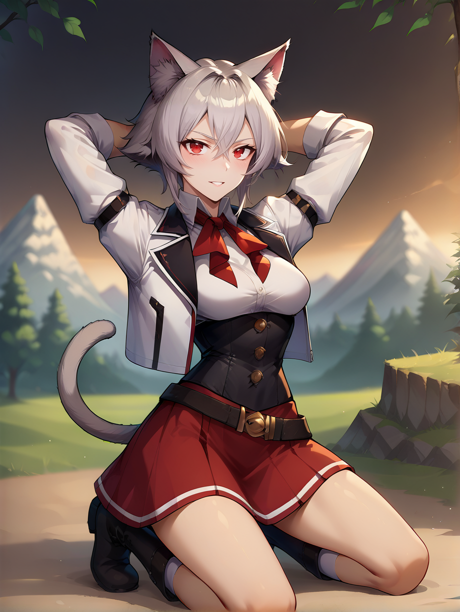 score_9, score_8_up, score_7_up, source_anime
1girl,
linia dedoldia, red eyes, short hair, grey hair, hair between eyes, animal ears, cat tail, animal ear fluff,
 red skirt, black corset, white shirt, white jacket, ribbon, bow, buttons, boots, white socks, belt, cropped jacket
medium breasts, kneeling, mountains, trees,hands behind head
<lora:Expressive_H:0.2> <lora:housechores-guy-PONYv1:0.4>   <lora:linia dedoldia 0.1:0.9>