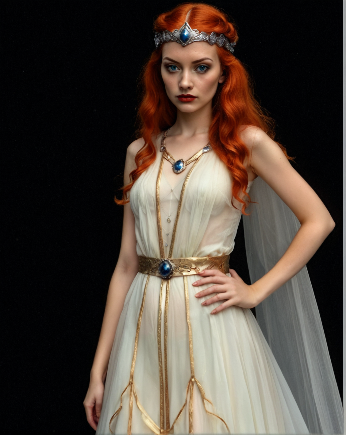 RedHeadFairyQueen, blue eyes, dress, transparent, simple black background, looking at viewer, hand on hip,
 <lora:RedHeadFairyQueen-000006:0.6>