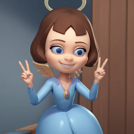 Ugly score_9_up, score_8_up, score_7_up, BREAK, hopevt, 1girl, solo, brown hair, short hair, blue eyes, halo, blue dress, wings, smile, cowboy shot, double v, <lora:Hope_VeggieTales_PXL_Leaf1:1>, depth of field,